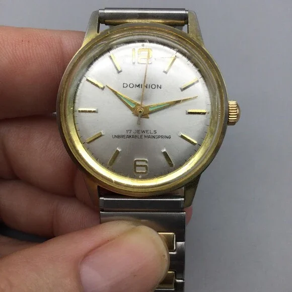 Vintage Dominion Mens Watch 34mm Silver Dial Manual 17 Jewels Two Tone Bracelet - Picture 7 of 14